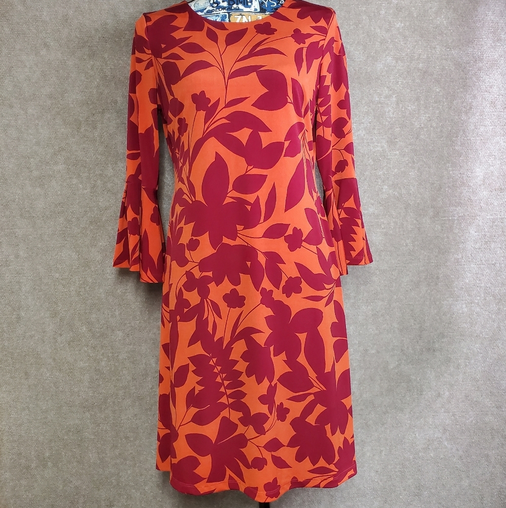 Chaps Women’s Dress Red Orange Floral Bell Sleeves Size 6